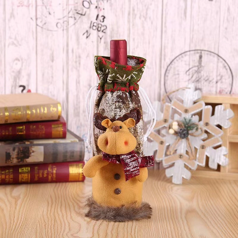 Christmas Decorations New Cute Knitted Fabric Imitation Leather Three-Dimensional Doll Wine Bottle Set Table Decoration
