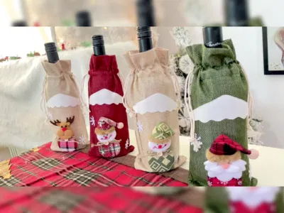 4 Designs Weihnachten Weinflaschenhüllen Dekoration Strickpullover Weihnachtsmann Schneemann Elch Flaschendekoration