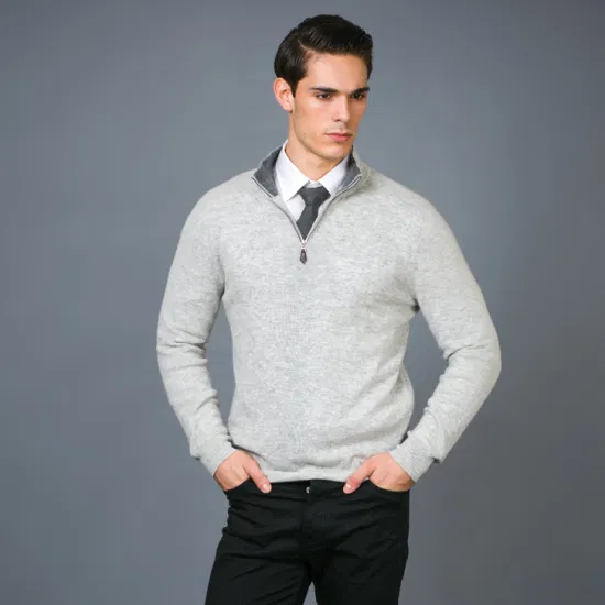 Herren-Pullover aus Wolle und Kaschmir mit Viertelreißverschluss und Leder